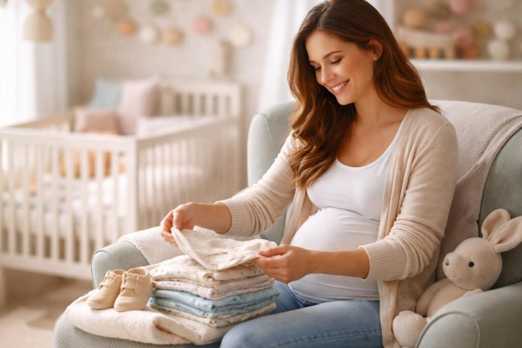 Gestante preparando o enxoval do bebê com roupinhas e produtos essenciais.